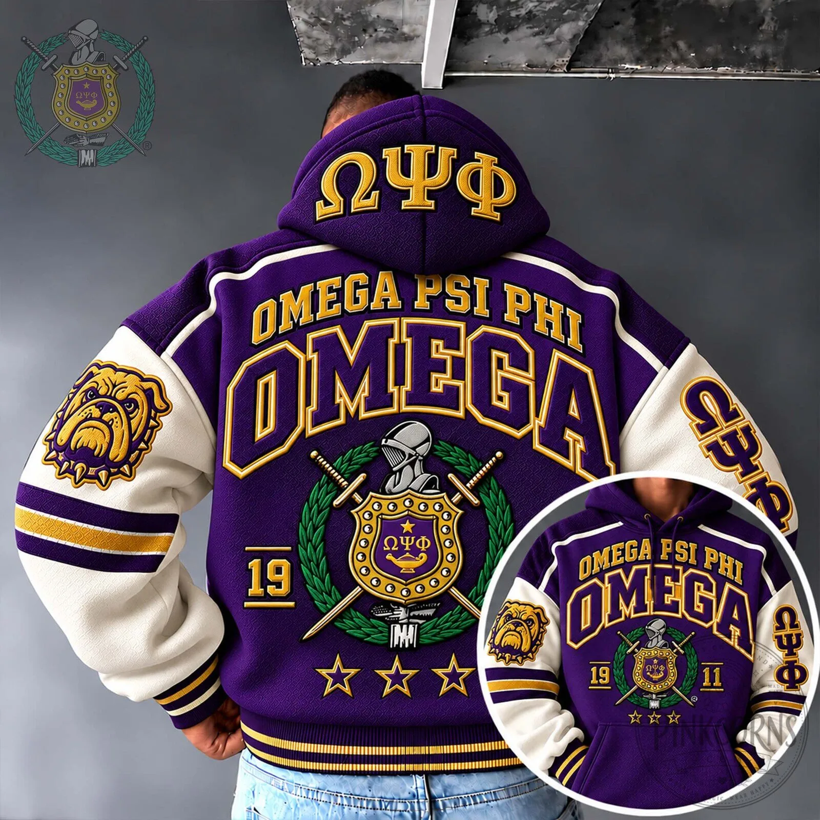 Omega Psi Phi Fraternity Purple and Gold Varsity Jacket