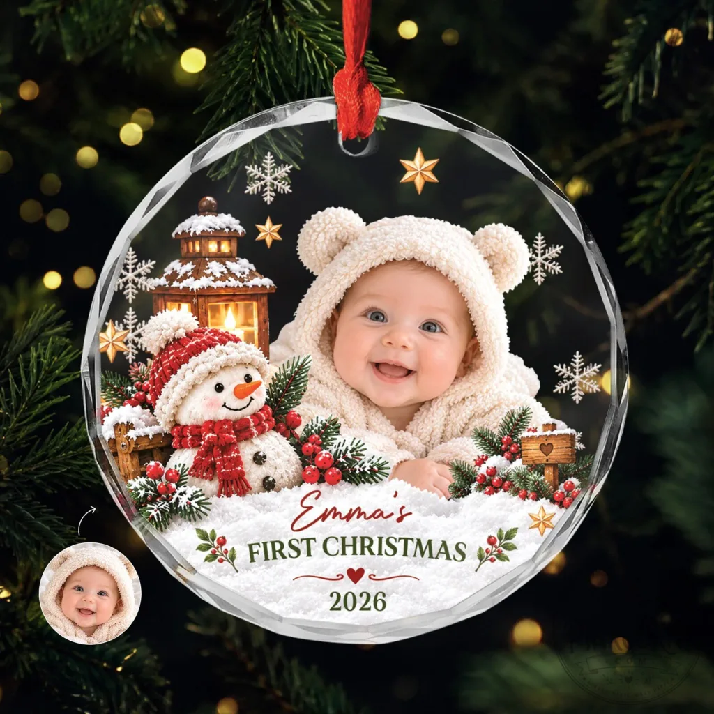 Baby's First Christmas Personalized Photo Glass Ornament with Snowman Design Baby's First Christmas Personalized Photo Glass Ornament with Snowman Design