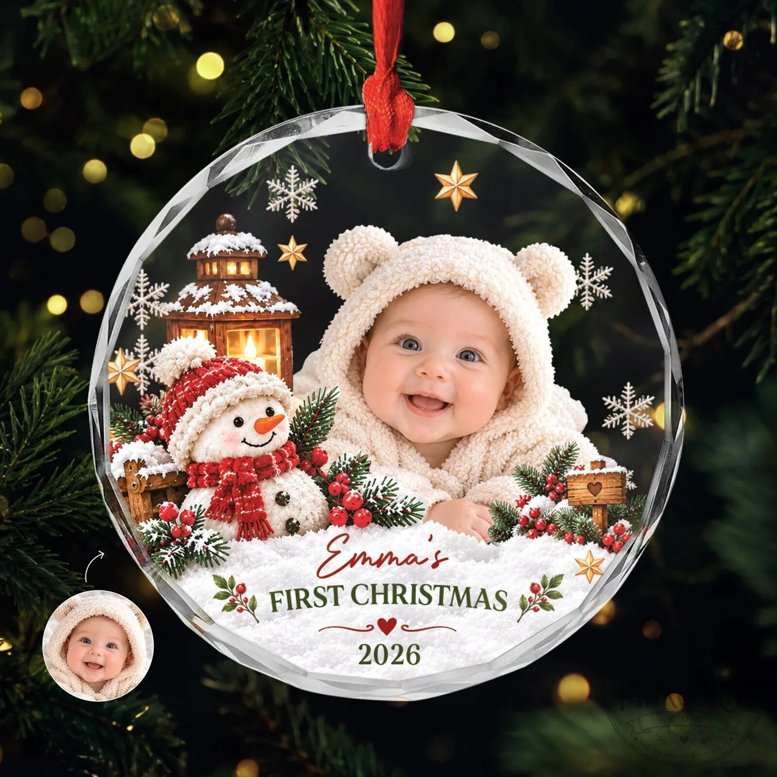 Baby's First Christmas Personalized Photo Glass Ornament with Snowman Design 9 Baby