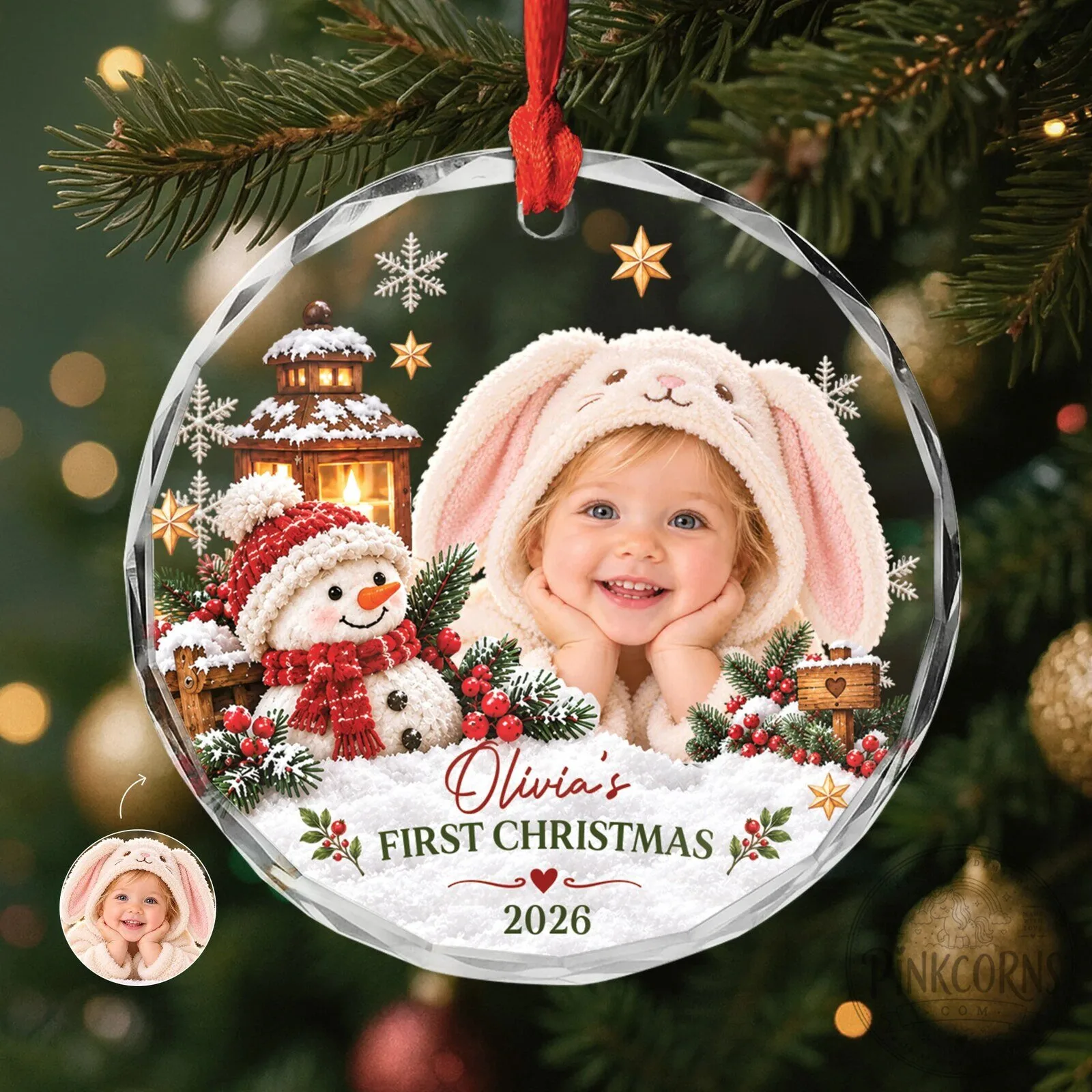 Baby's First Christmas Personalized Photo Glass Ornament with Snowman Design 10 Baby
