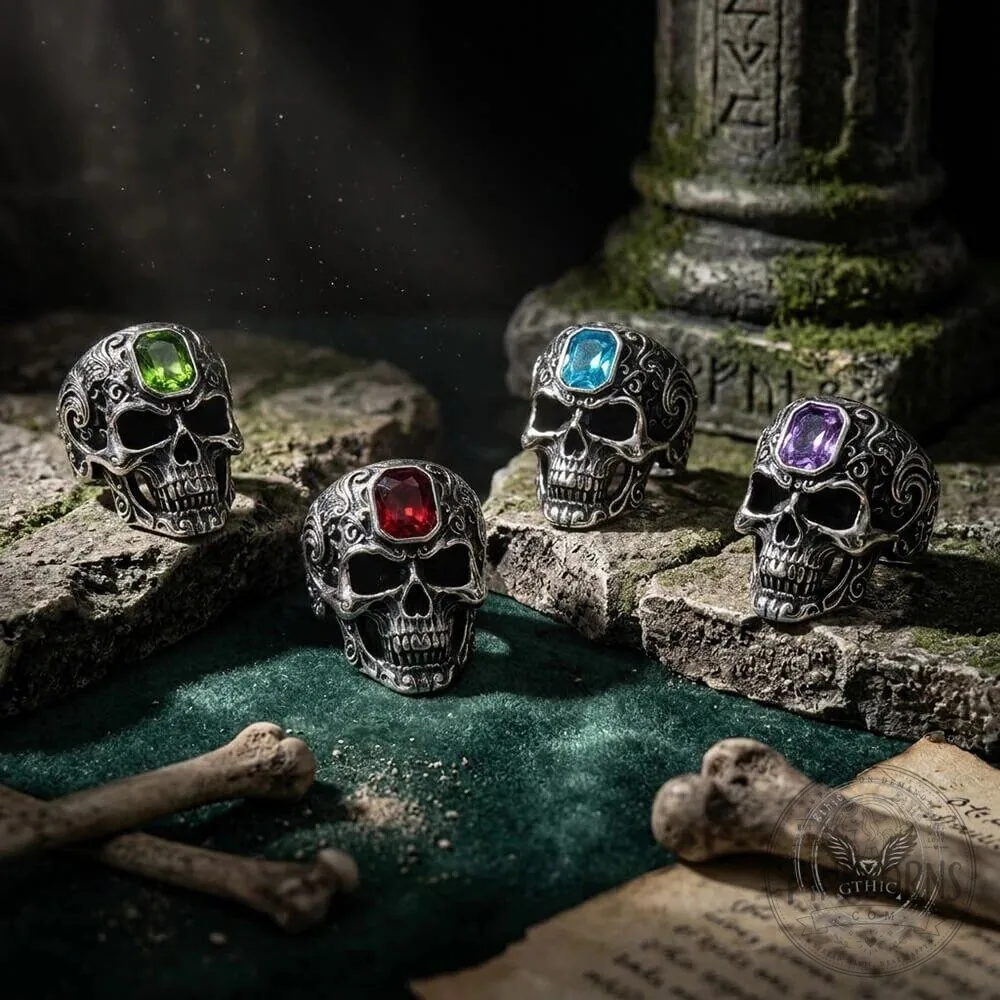 Vintage Patterned Skull Stainless Steel Gemstone Ring
