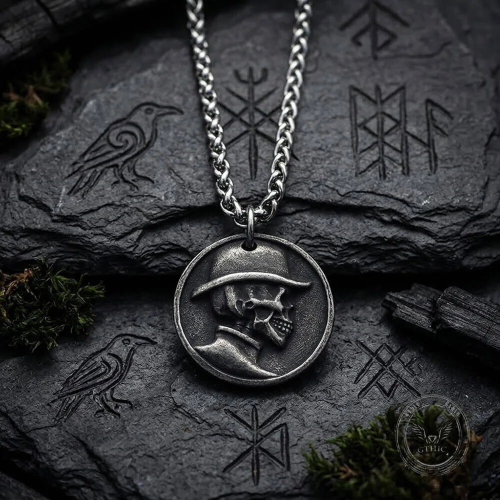 Vintage Top Hat Skull Stainless Steel Round Pendant Necklace 6 Vintage Top Hat Skull Stainless Steel Round Pendant Necklace
