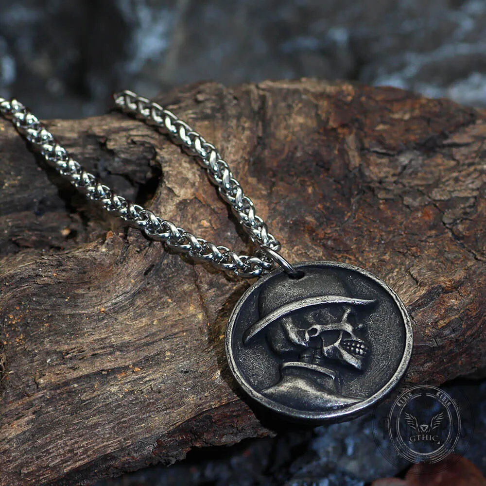 Vintage Top Hat Skull Stainless Steel Round Pendant Necklace 10 Vintage Top Hat Skull Stainless Steel Round Pendant Necklace