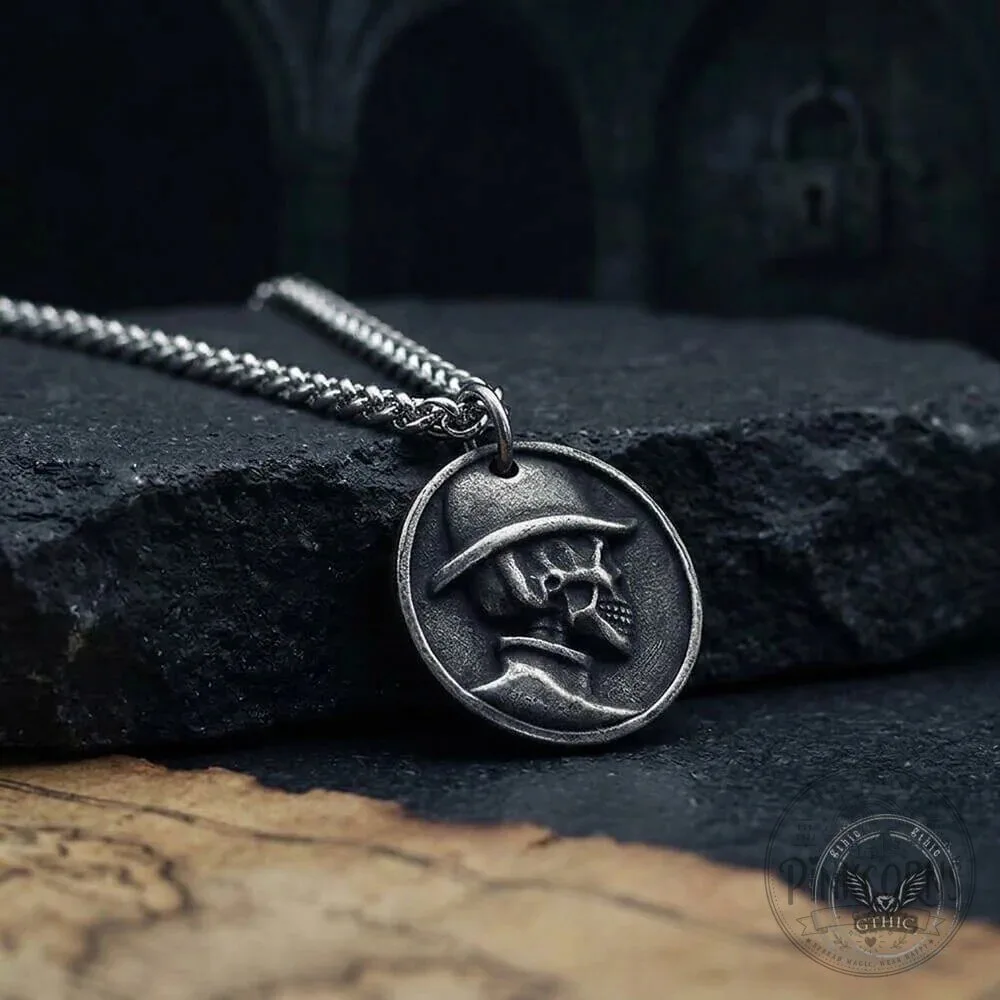Vintage Top Hat Skull Stainless Steel Round Pendant Necklace 11 Vintage Top Hat Skull Stainless Steel Round Pendant Necklace
