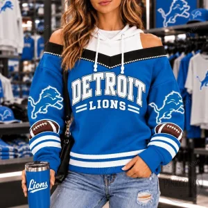 Detroit Lions Football Team Blue Off Shoulder Hoodie for Women