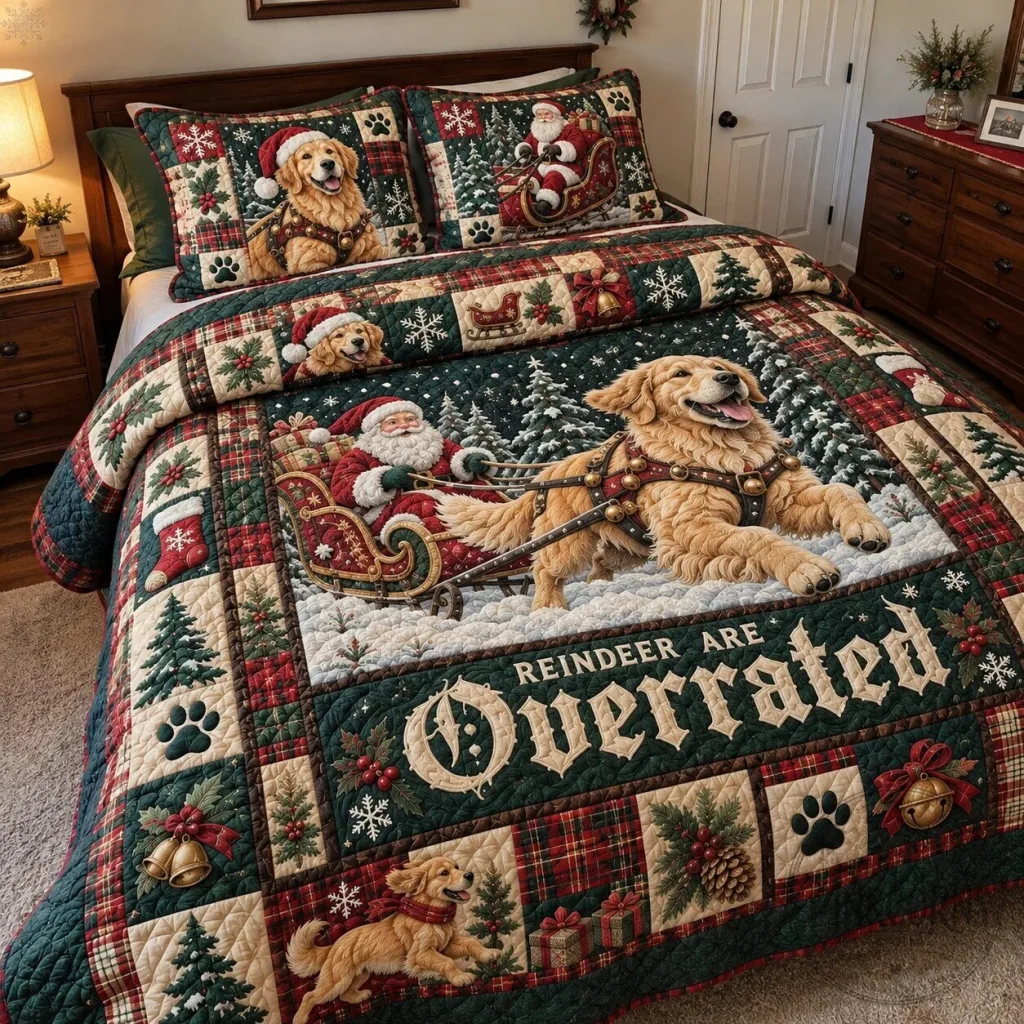 Golden Retriever Christmas Reindeer Are Overrated Holiday Quilted Bedding Set Golden Retriever Christmas Reindeer Are Overrated Holiday Quilted Bedding Set