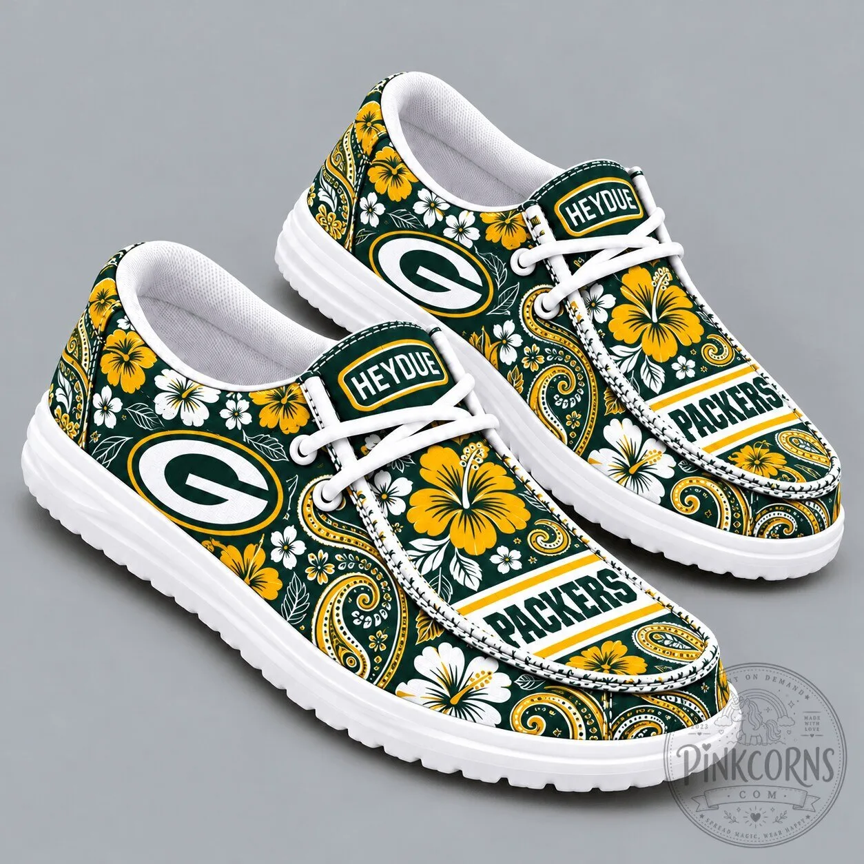 Casual Shoes with Floral Paisley Pattern in Green Bay Packers Design