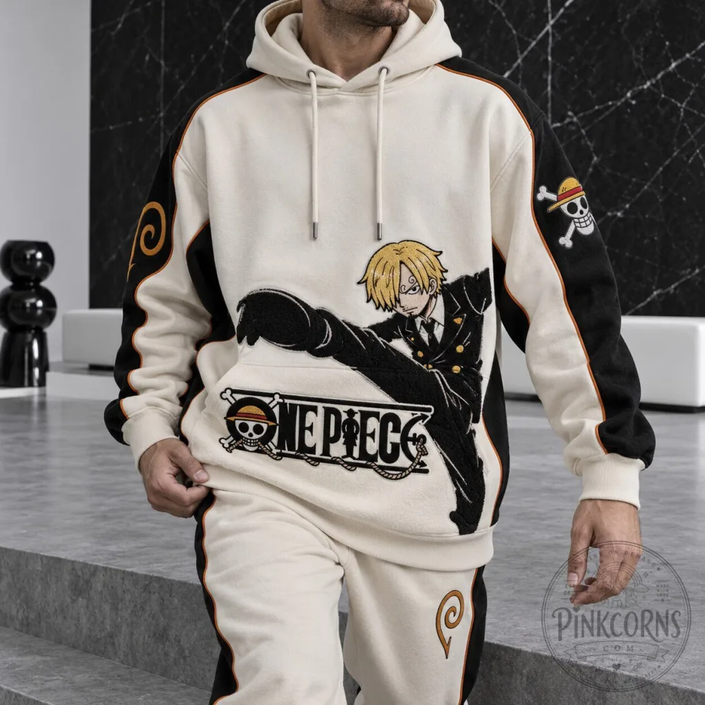 One Piece Sanji Embroidered Kick Attack Beige and Black Hoodie One Piece Sanji Embroidered Kick Attack Beige and Black Hoodie