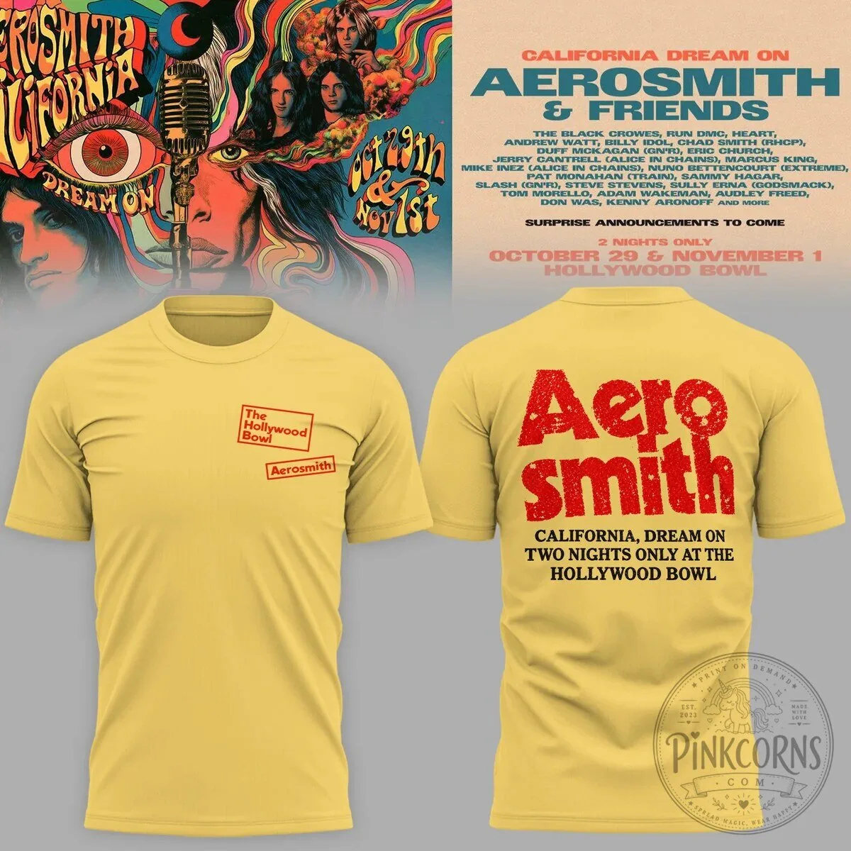 Yellow T-Shirt featuring Aerosmith's California Dream On from Hollywood Bowl Concert 1 Yellow T-Shirt featuring Aerosmith's California Dream On from Hollywood Bowl Concert
